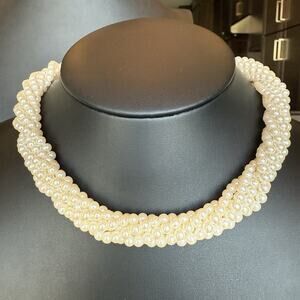 VTG 16-18" Multi Strand Faux Pearl Torsade Necklace 1980s Gold Tone Hook Clasp